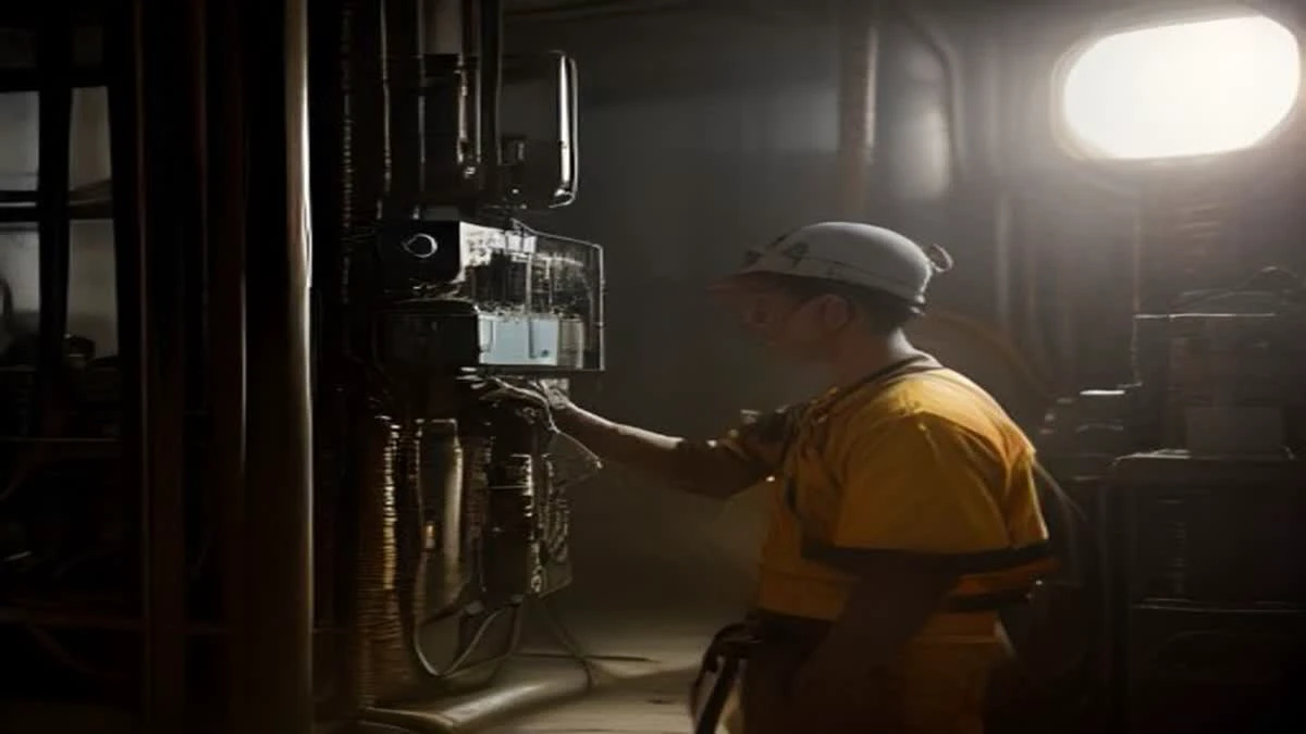 A technician in a clean facility plugging a network cable into a mining machine, hands and ports in focus
