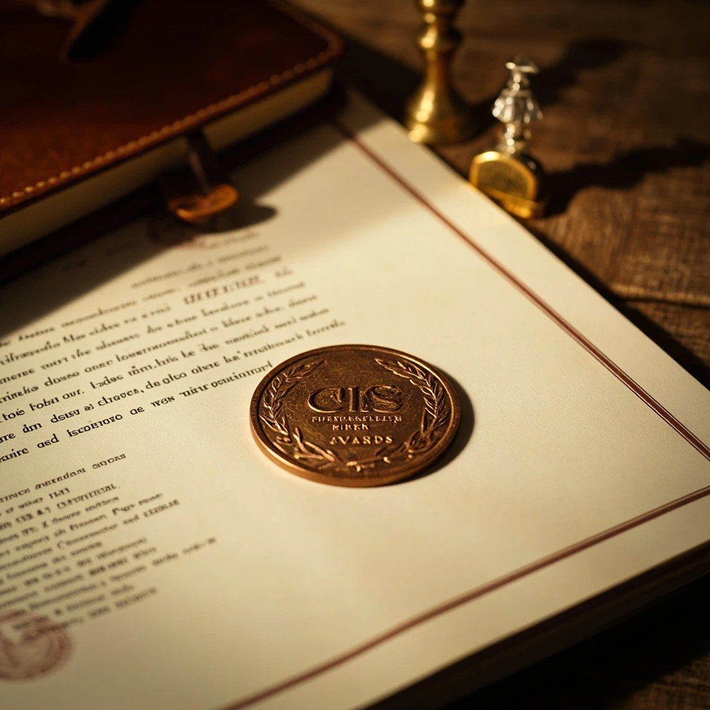 A bronze CIS Excellence Awards medallion resting on an open framework document, beside a leather notebook and a brass seal stamp.