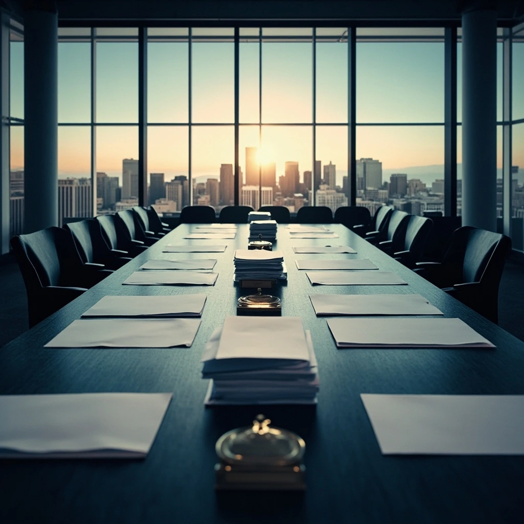 A documentary-style photograph of a judging-room long table with paper dossiers, name plates, and architectural glass windows overlooking the San Francisco skyline.